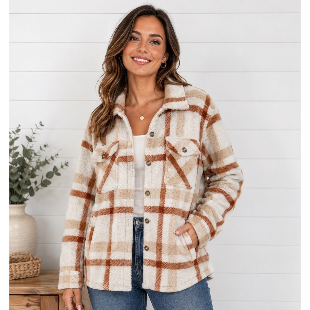 Sage Collective Women Cream Tan Rust Plaid Sherpa Lined Fleece Shacket Jacket L